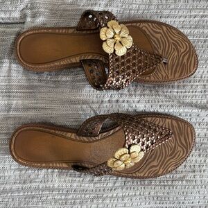 Brown Woven Sandals with Gold Floral Accent